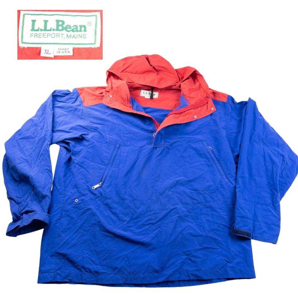 LL Bean Windbreaker Mens XL Blue Red Vintage Popover Anorak Kangaroo‎ Pocket 90s
